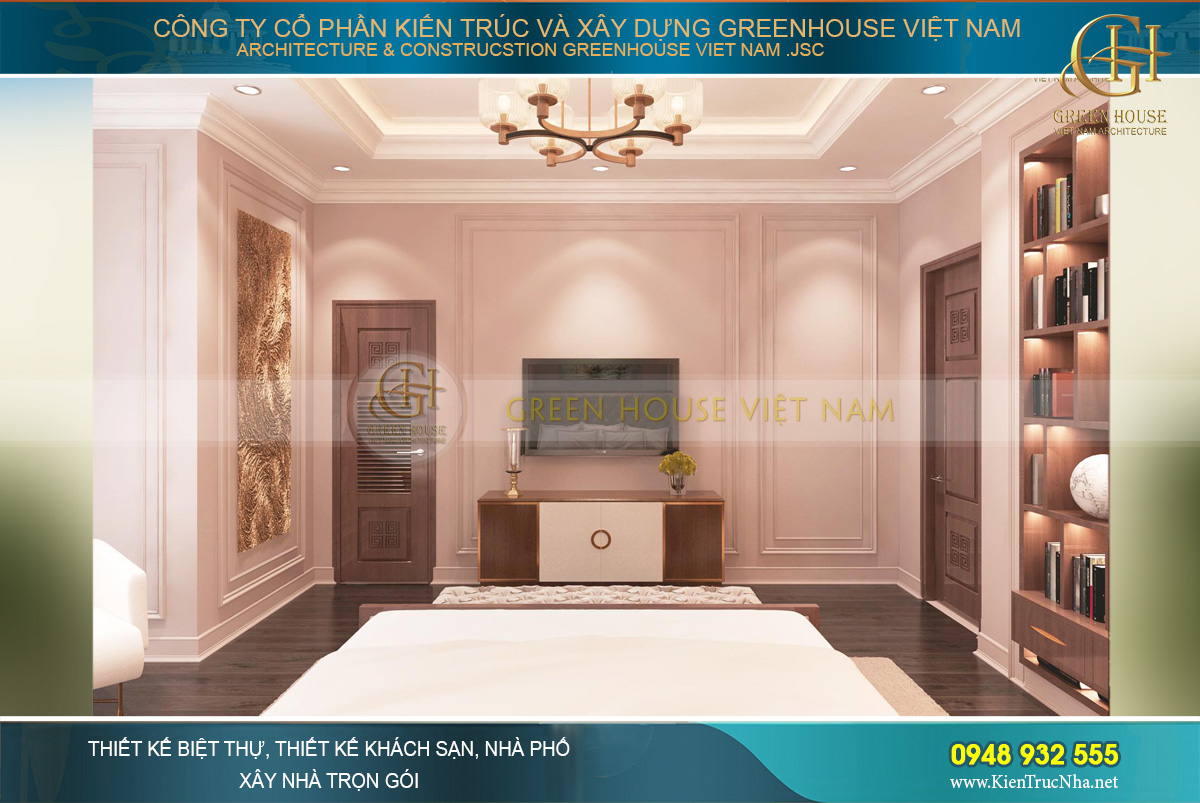 Đối diện giường ngủ là kệ TV với thiết kế tối giản ấn tượng