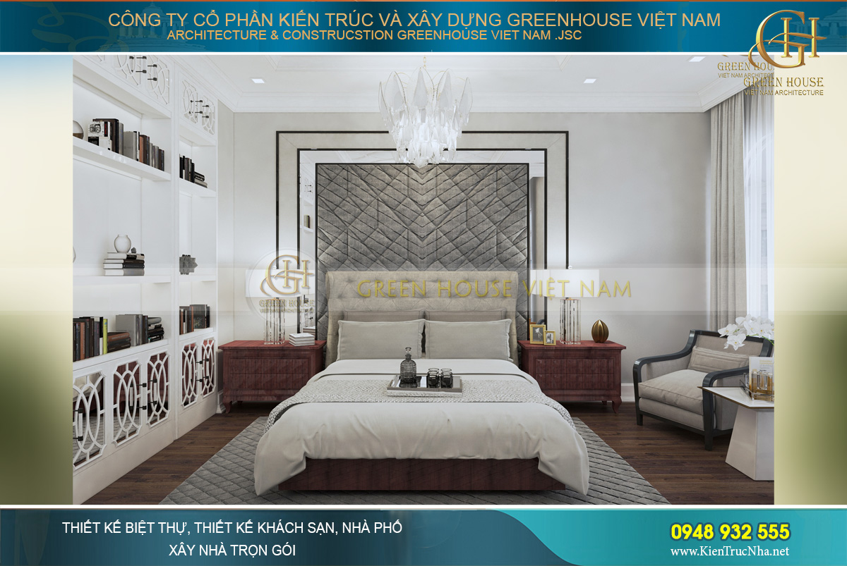 Điểm nhấn ấn tượng của khu vực giường ngủ lại nằm ở khung tường phía sau