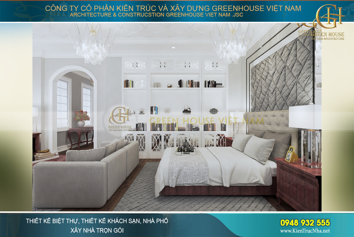 Bên cạnh giường ngủ còn có 1 giá sách lớn để phục vụ nhu cầu giải trí cùng sở thích đọc sách của gia chủ