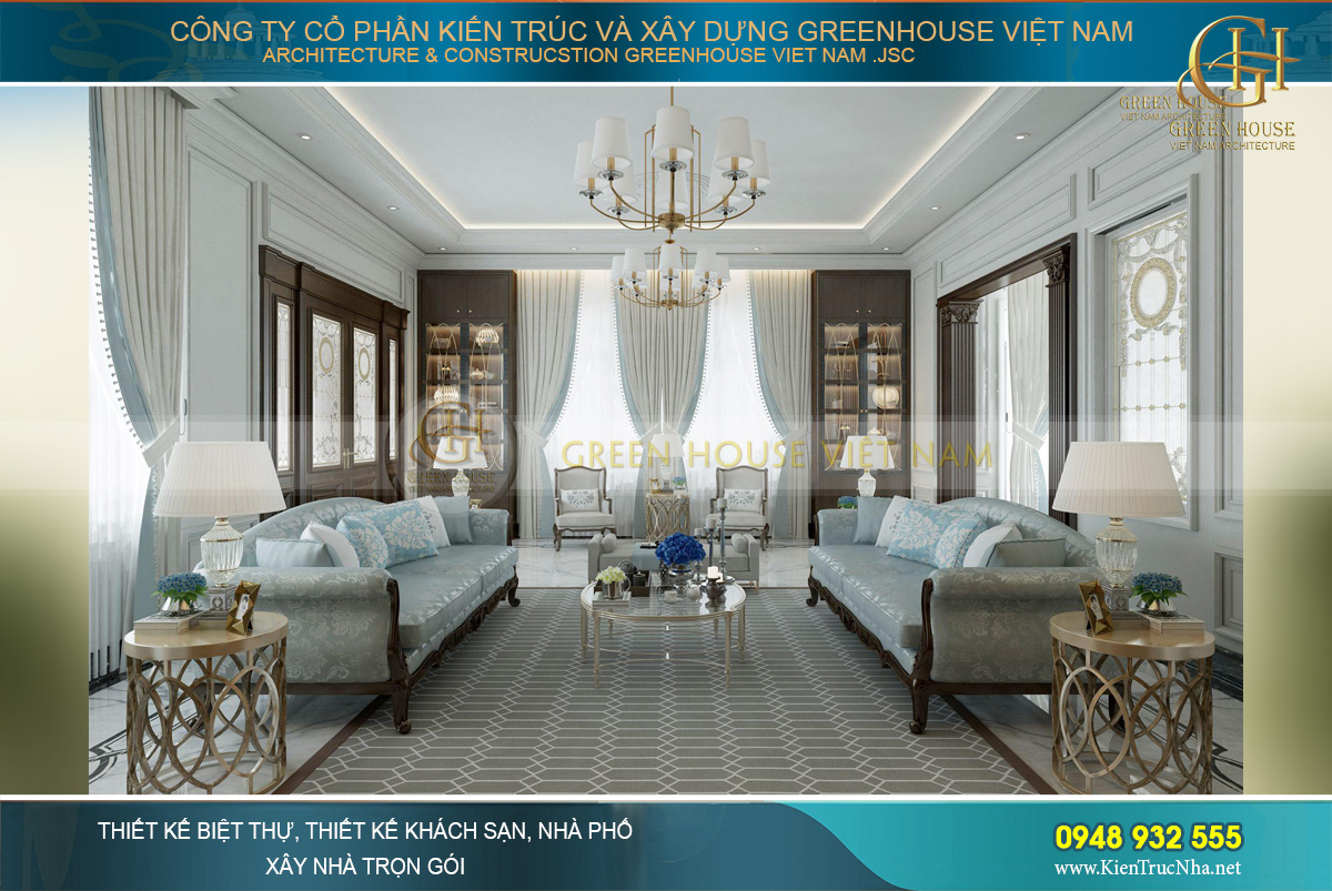 Tone màu xanh – nâu của phòng khách gợi cảm giác sang trọng kết hợp với hệ thống cửa kính lớn mang đến sự giao hòa