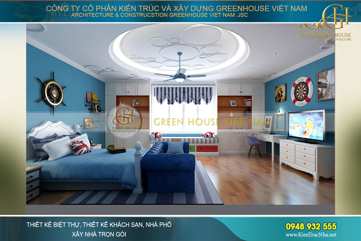 Sắc xanh được sử dụng với những tone màu đậm nhạt hài hòa trong căn phòng