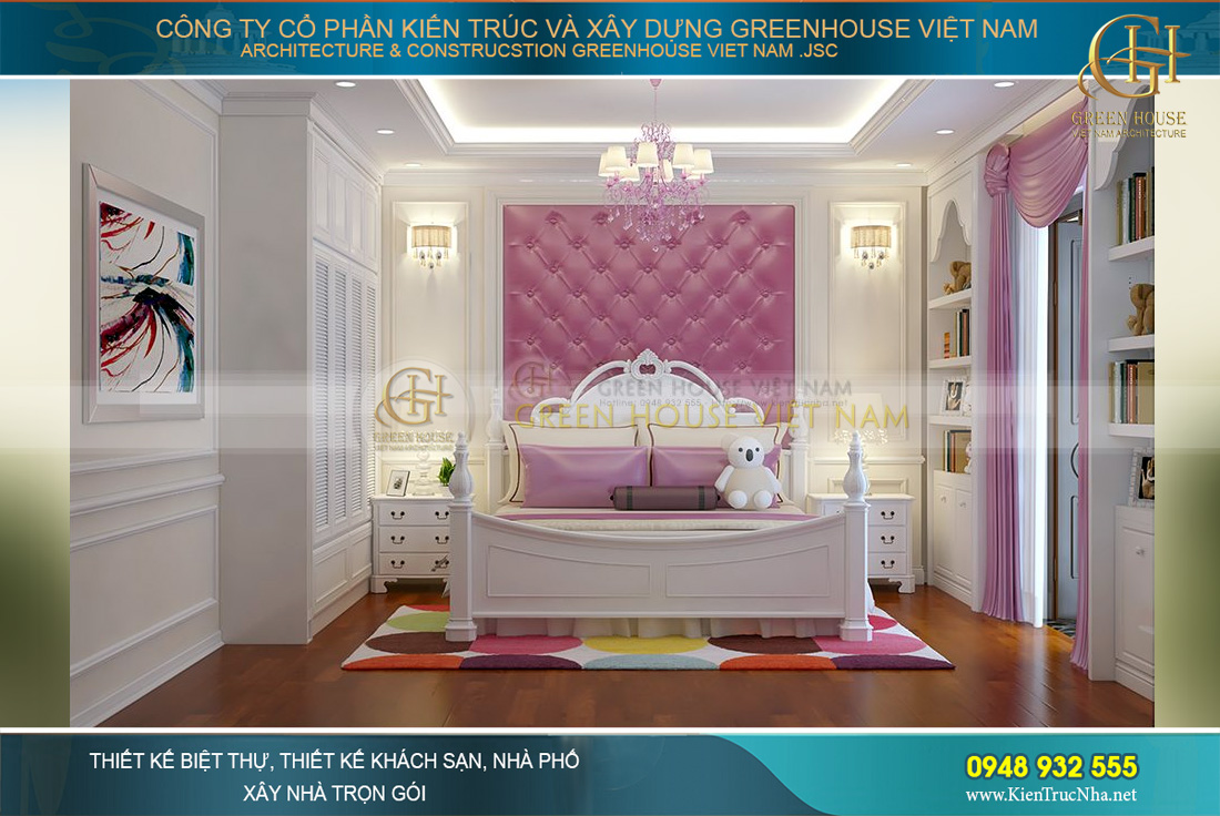 Không gian phòng ngủ con gái với tone màu hồng rực rỡ bắt mắt