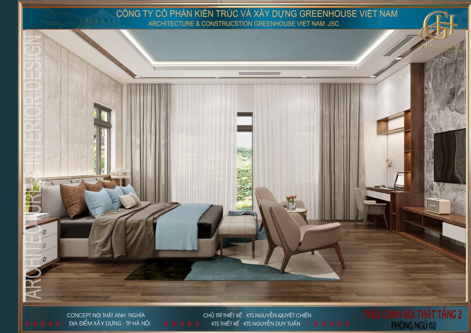 Phòng ngủ thứ 3 được thiết kế 2 cửa sổ 2 bên và cửa chính càng làm cho không gian thoáng mát hơn