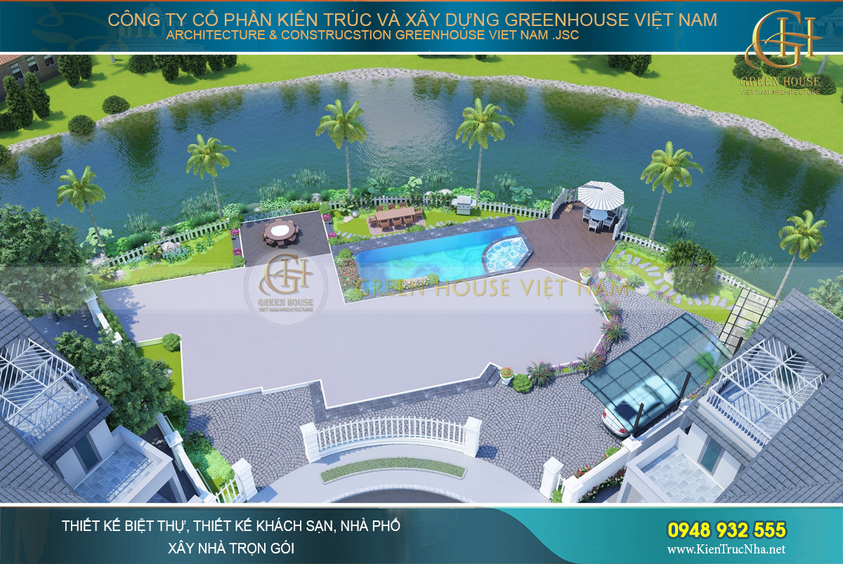 Toàn cảnh sân vườn biệt thự ven sông nhìn từ trên cao xuống