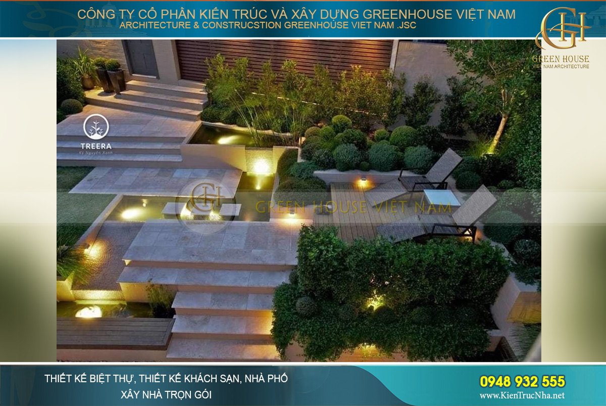 Không gian sân vườn lung linh với hệ thống đèn trang trí xung quanh
