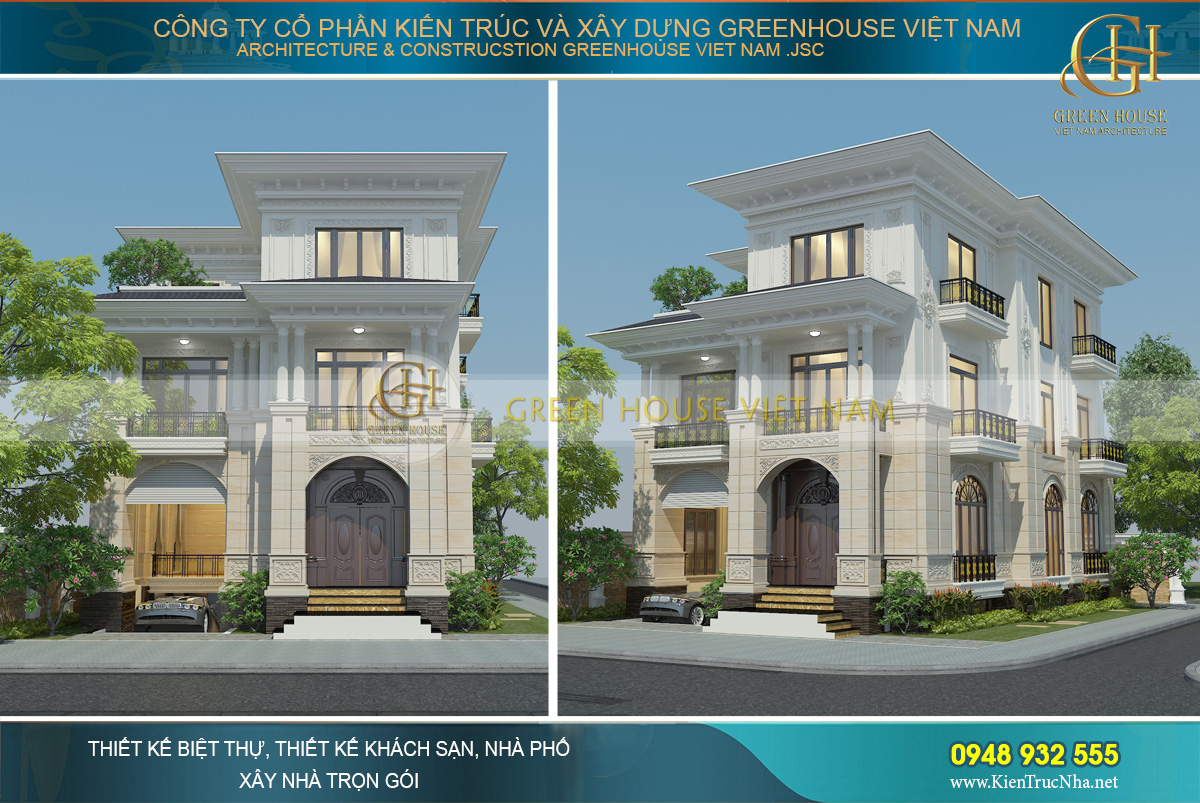 Phối cảnh mặt tiền của thiết kế biệt thự tân cổ điển 3 tầng mái bằng tại Sài Gòn