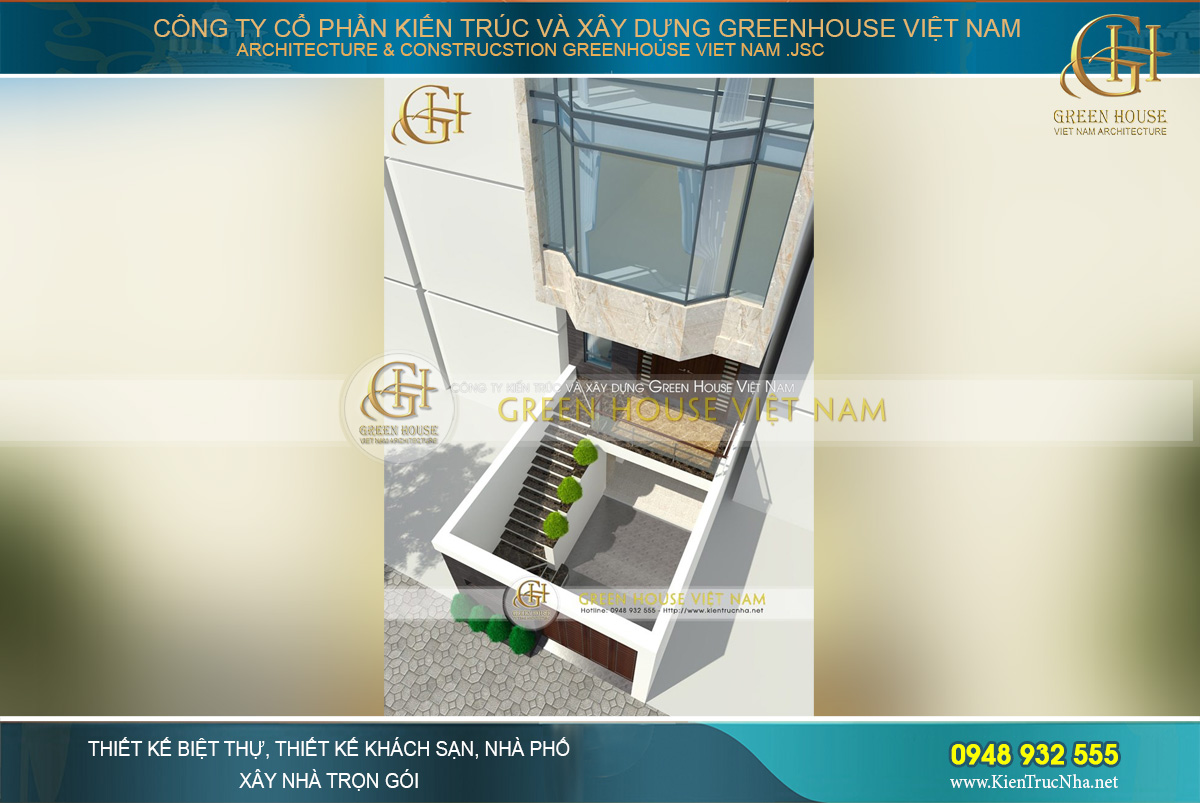 Mặt tiền của ngôi nhà 8 tầng tại Hà Nội với tầng hầm phục vụ cho chỗ để xe của mọi người