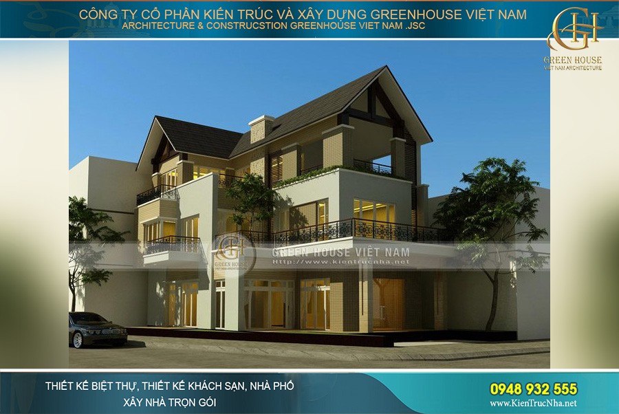 Toàn cảnh kiến trúc bề thế của công trình nhà ống 3 tầng dạng hình chữ L