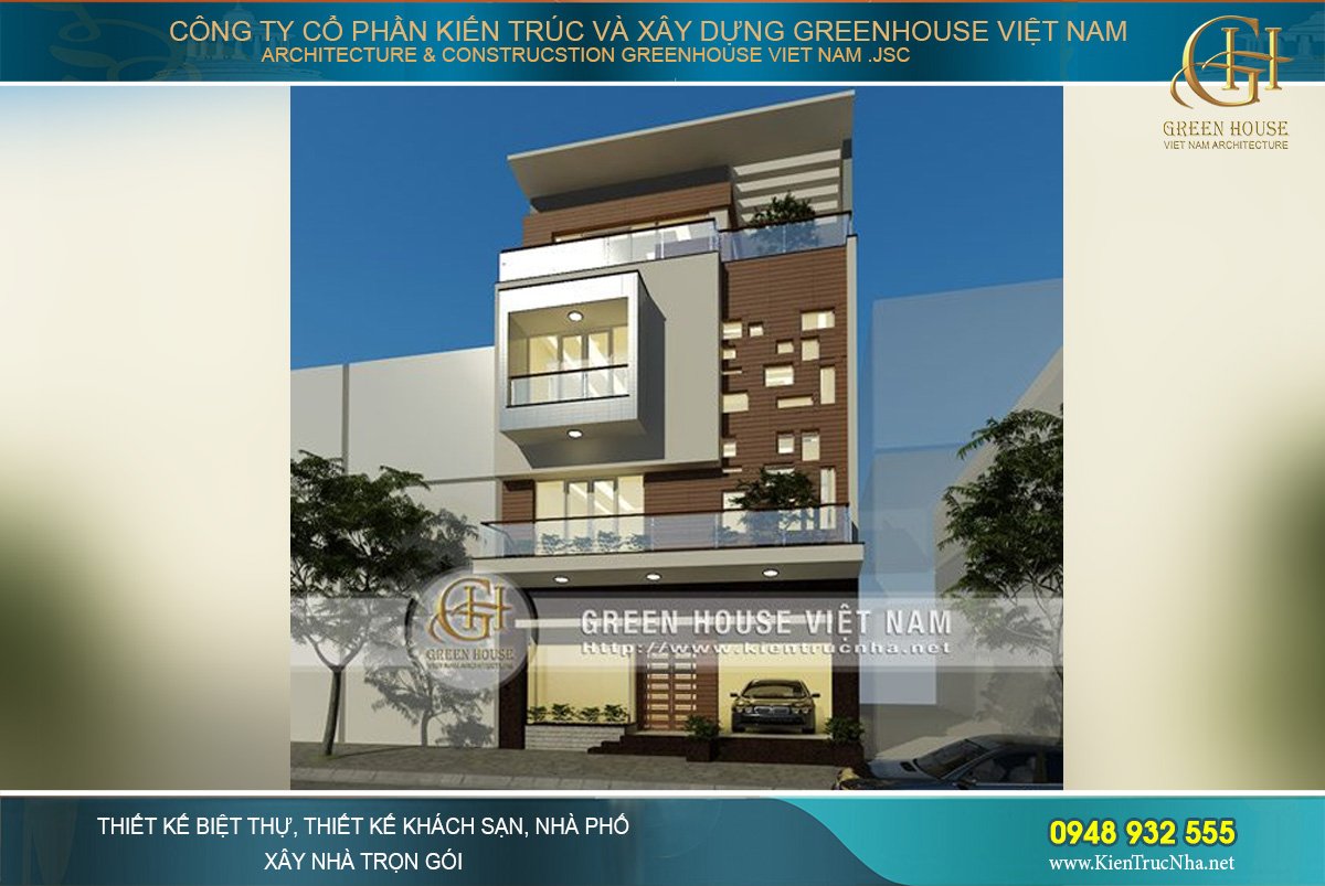 Mặt tiền ốp gạch giả đá màu nâu trầm ấn tượng, hệ ban công kính làm cho tổng thể ngôi nhà phố càng thêm nổi bật