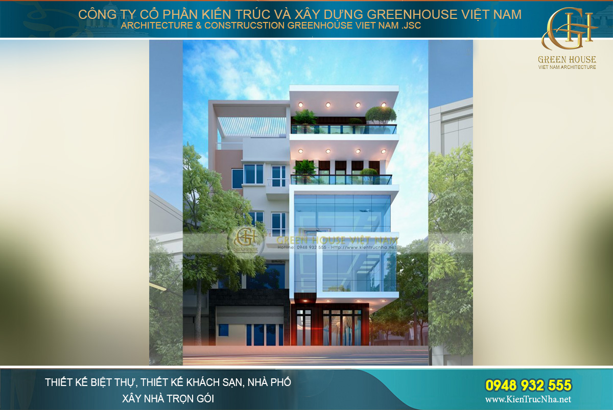Phối cảnh mặt tiền với kiến trúc kính trong suốt đẹp ấn tượng của mẫu nhà phố 5 tầng hiện đại