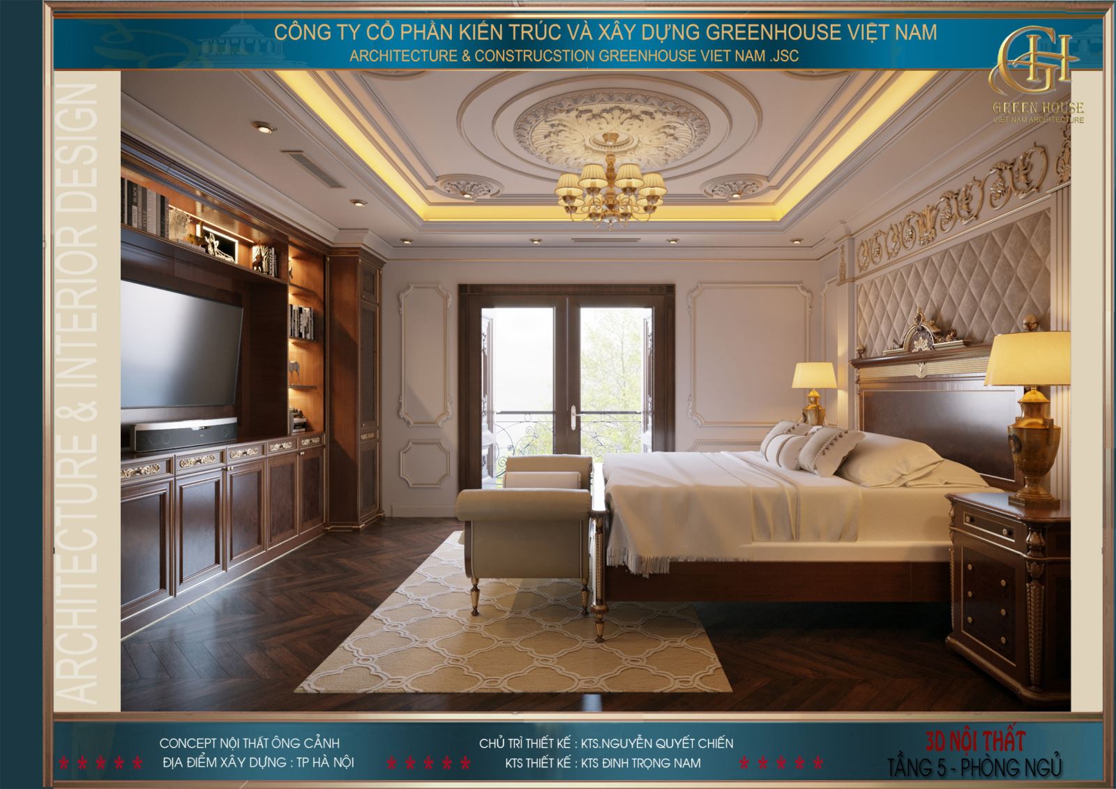 Đối diện giường ngủ là kệ TV và tủ sách