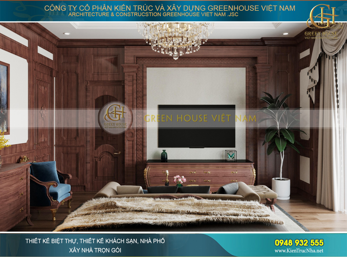 Khung tường và kệ TV được giản lược để cân bằng không gian nhưng không giấu được vẻ sang trọng toát lên trên từng đường nét