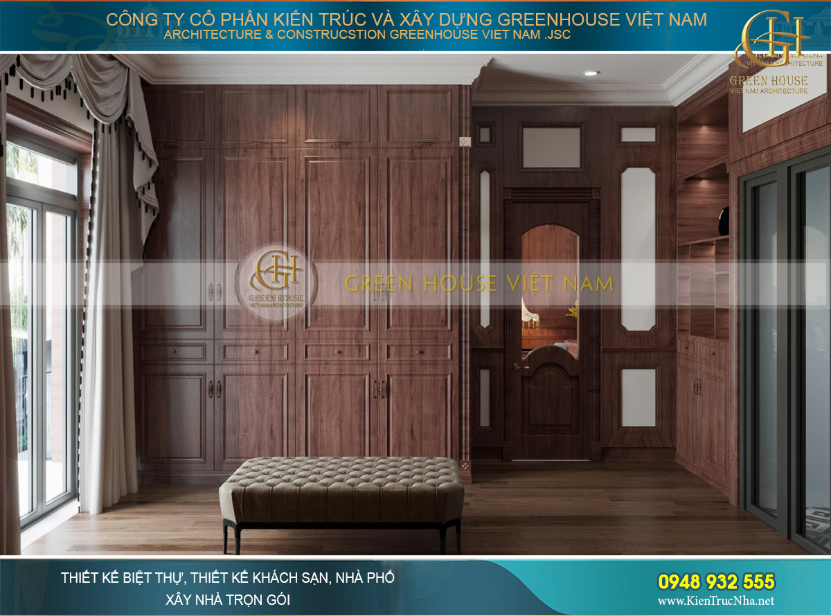 Phòng thay đồ sử dụng chất liệu gỗ tự nhiên với tone màu nâu đỏ đặc trưng, cao cấp và sang trọng