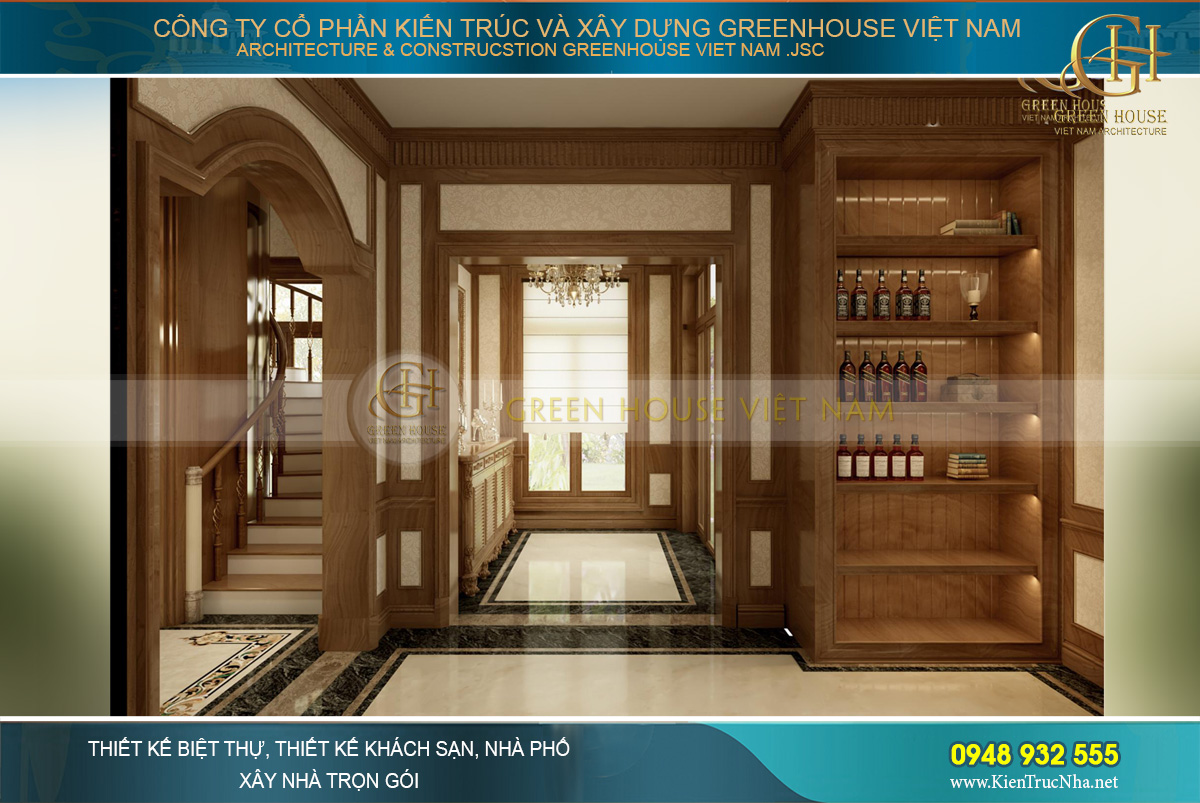 Lối đi từ sảnh dẫn vào không gian phòng khách của biệt thự