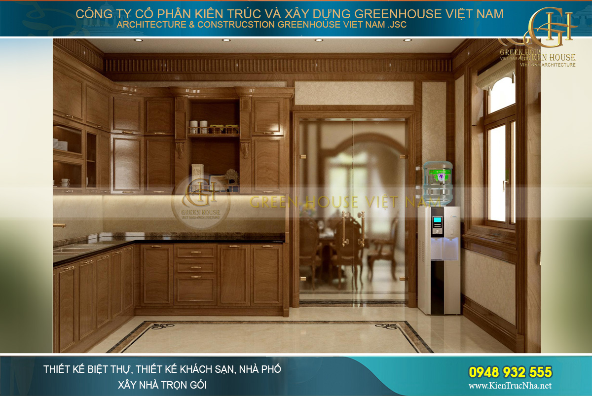 Ngăn cách giữa không gian phòng bếp và phòng ăn bằng khung cửa kính cường lực