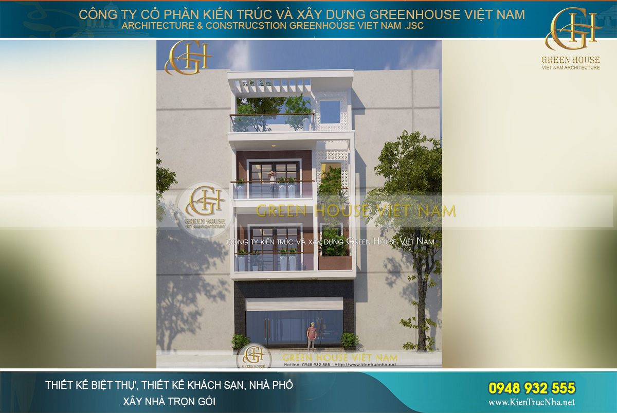 Nhà phố 4 tầng có thiết kế mặt tiền hiện đại, phô diễn được nét đẹp kiến trúc thời thượng qua từng chi tiết thiết kế ngoại thất
