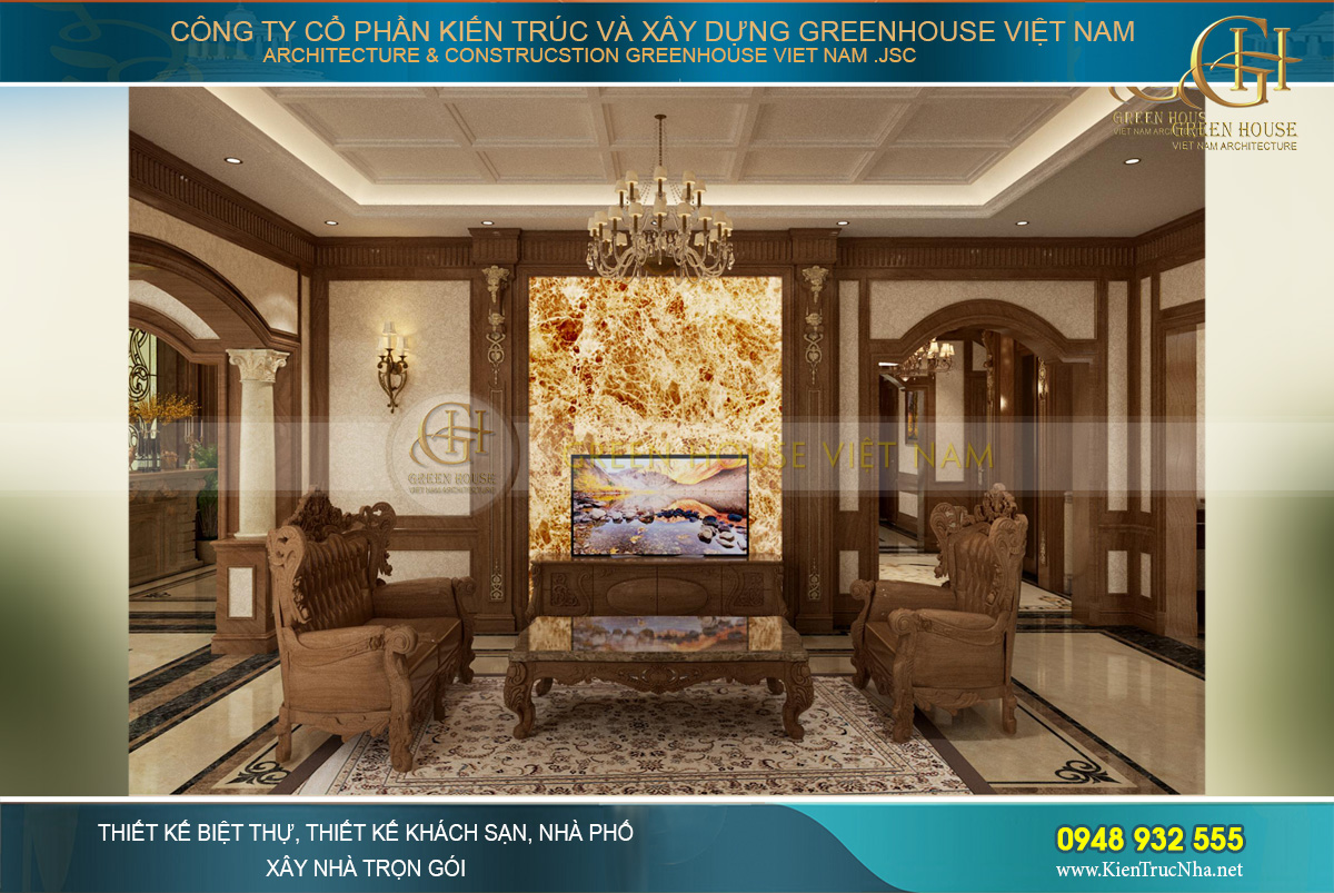 Thiết kế phòng khách tân cổ điển với màu sắc chọn lọc, thể hiện sự quý phái