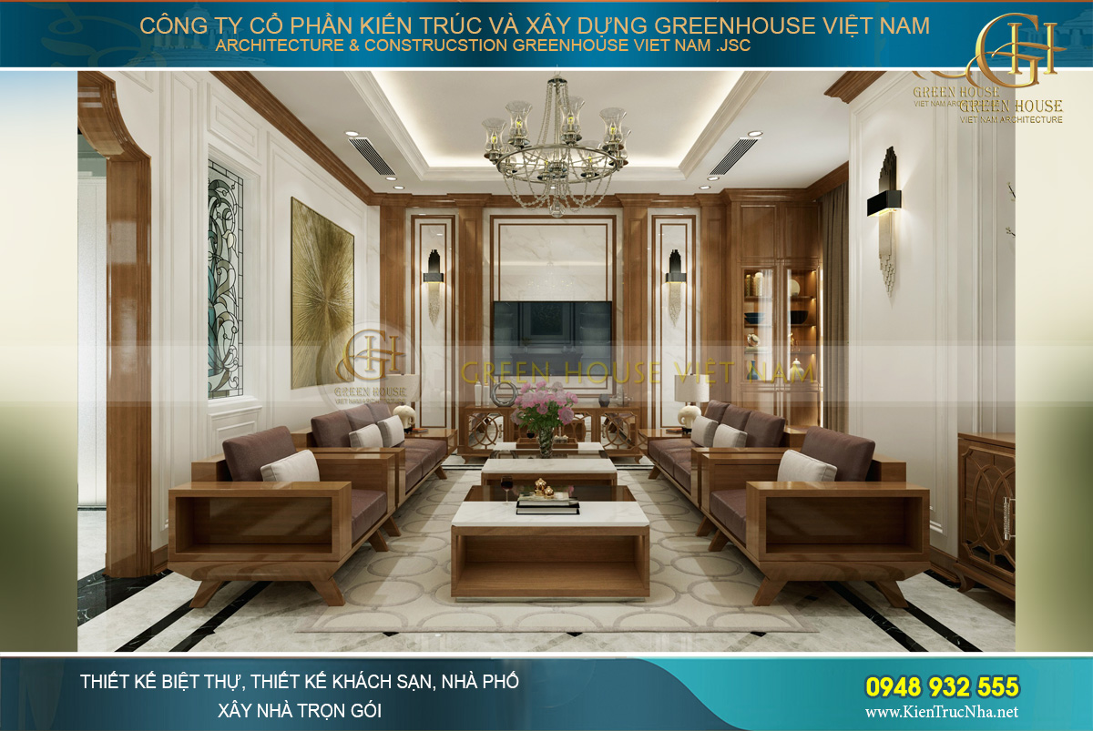 Thiết kế phòng khách tân cổ điển hoa văn, họa tiết tinh xảo, trang nhã