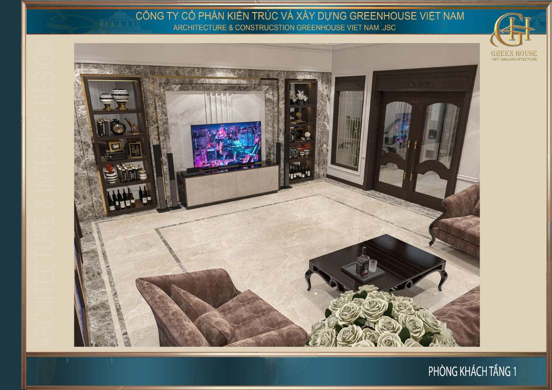 Toàn cảnh không gian phòng khách của nhà phố 4 tầng tân cổ điển