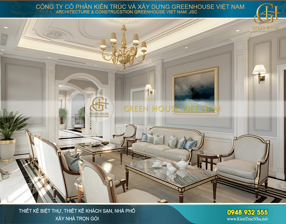 Các đường cong mềm mại uốn lượn tại các điểm trang trí thể hiện phong cách tân cổ điển quý tộc