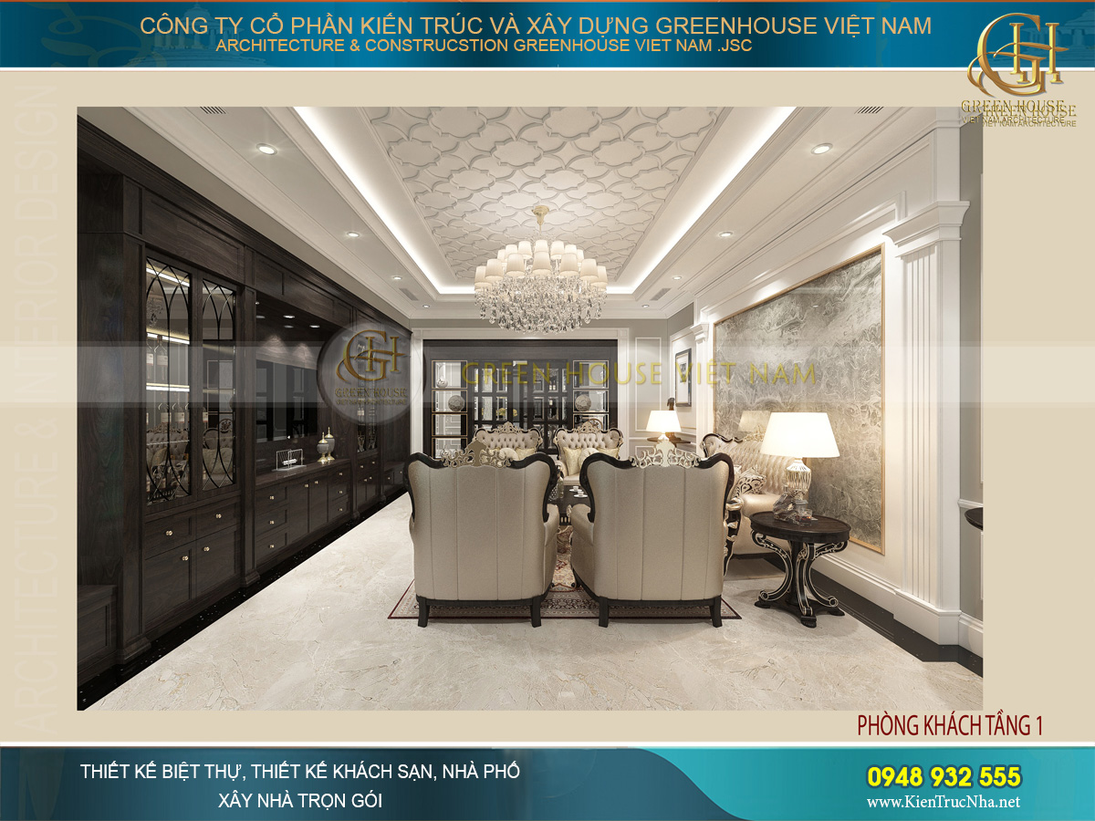 Thiết kế tủ gỗ hoành tráng, tạo sự tiện nghi sang trọng cho khu vực phòng khách gia đình