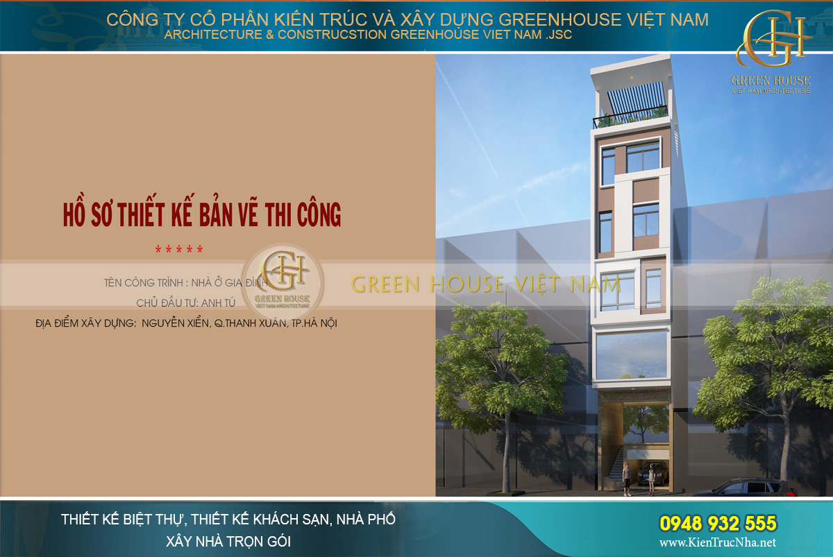 Phối cảnh mặt tiền của mẫu thiết kế nhà ống hiện đại 6 tầng kết hợp kinh doanh tại Hà Nội