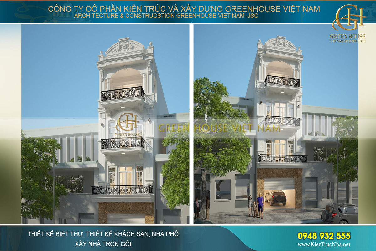 Phối cảnh ngoại thất của nhà phố tân cổ điển 3 tầng 1 tum tại Bắc Giang