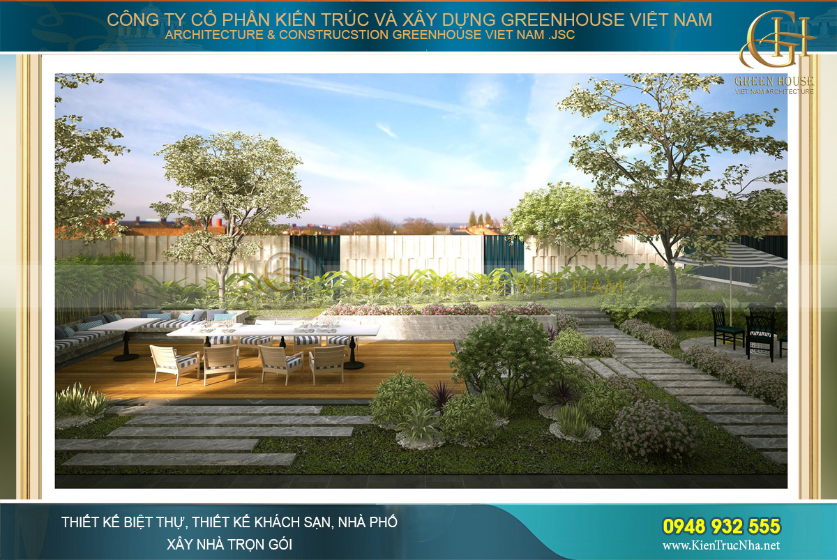 Cận cảnh thiết kế thảm cỏ, lối đi, khóm hoa cho khu vực sân vườn