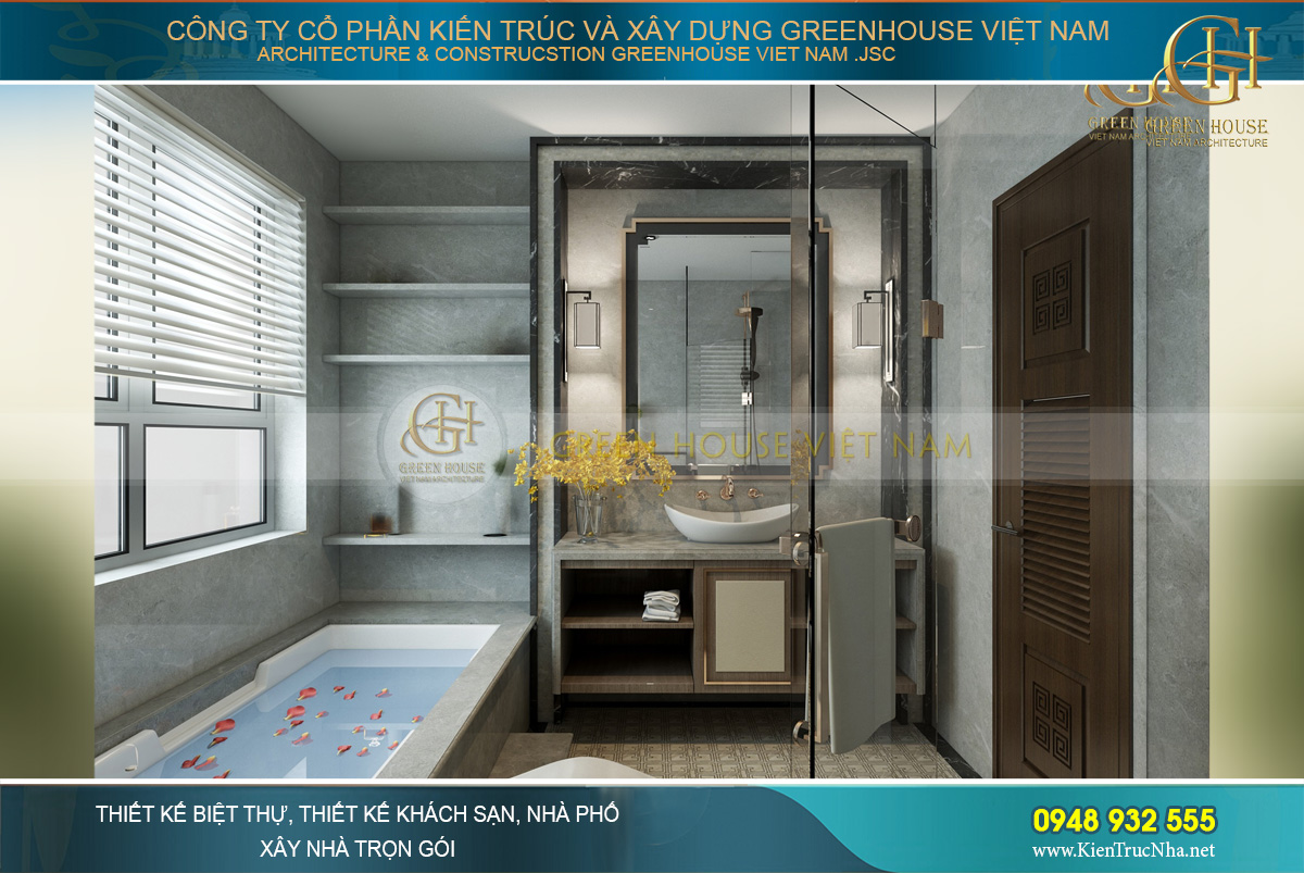 Phòng tắm được bố trí kệ để đồ, gương soi và phòng tắm kính và bồn tắm lớn hiện đại