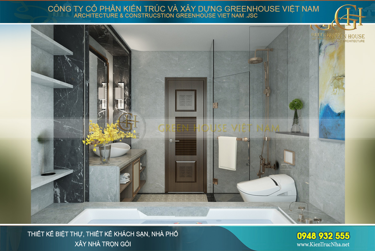 Khung cửa sổ lớn khiến không gian phòng tắm rực sáng, khô ráo thoáng đãng