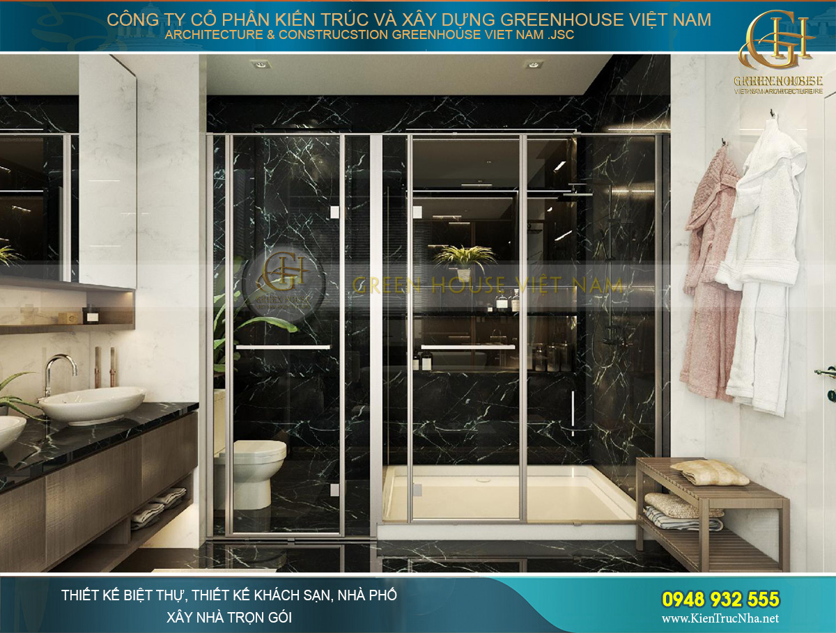 Khu vực tắm hoa sen, khu vực vệ sinh và bồn ngâm được ngăn cách bởi tường kính