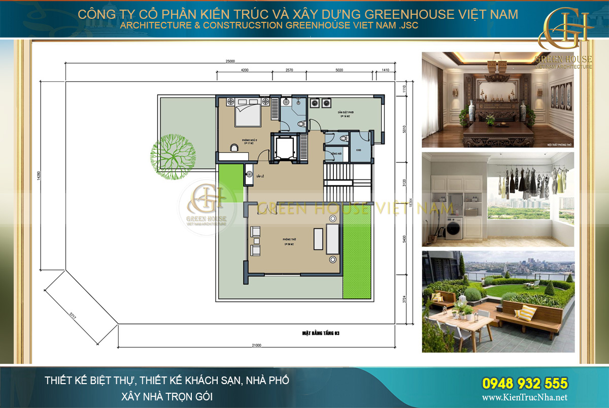 Tầng 3 là khu vực phòng thờ tổ tiên, sân phơi và có phòng ngủ dành cho khách