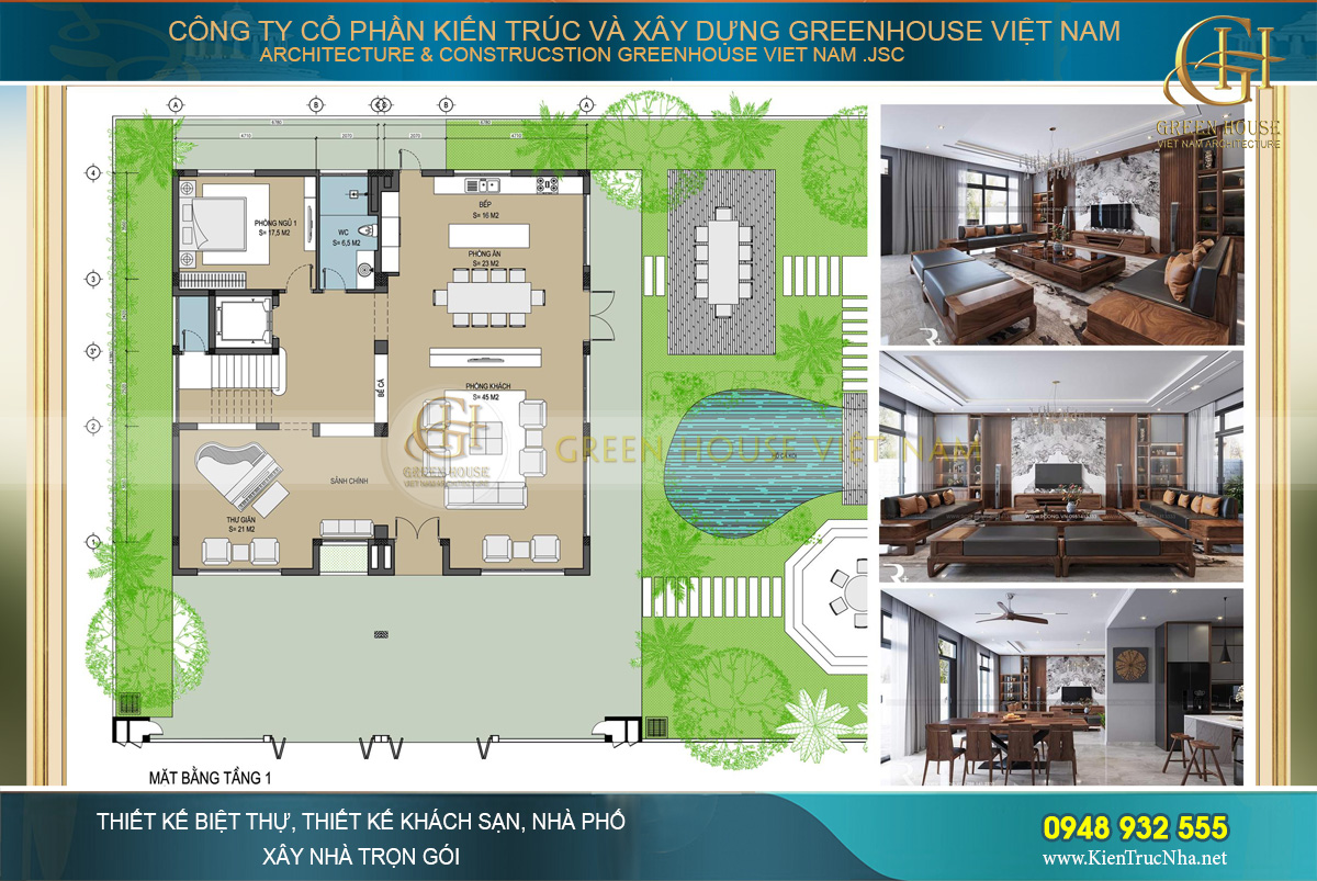 Bố trí công năng sử dụng của tầng 1 biệt thự hiện đại 3 tầng tại Hà Nội