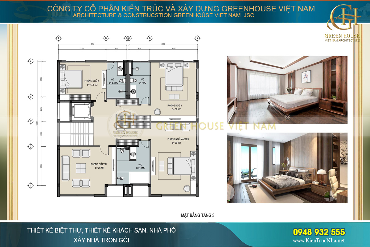 Bố trí công năng sử dụng của tầng 3 biệt thự hiện đại 3 tầng tại Hà Nội