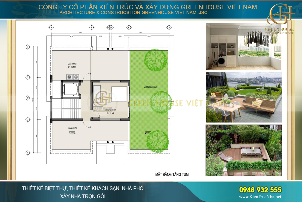 Bố trí công năng sử dụng của tầng tum biệt thự hiện đại 3 tầng tại Hà Nội