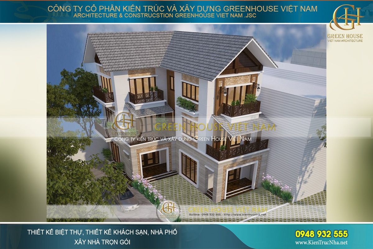 thiết kế biệt thự 3 tầng hiện đại hình chữ L