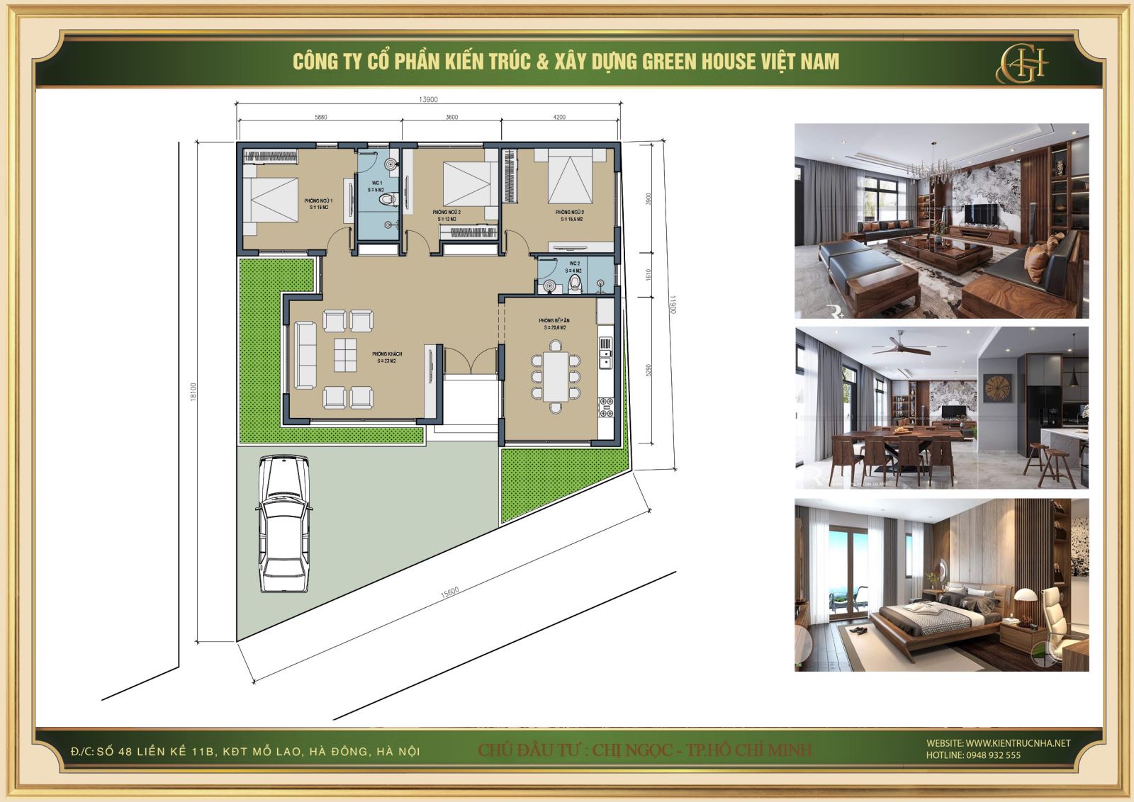 Thiết kế công năng sử dụng cho biệt thự hiện đại 1 tầng với 3 phòng ngủ,1, phòng khách và 1 phòng bếp