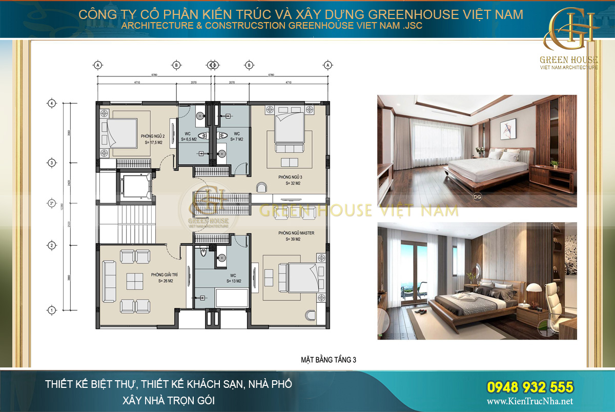 Mặt bằng công năng tầng 3 của biệt thự hiện đại 3 tầng tại Hà Nội