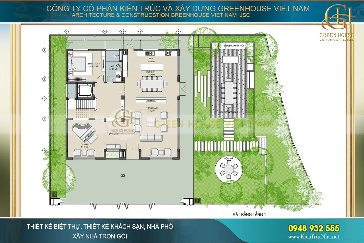 Mặt bằng công năng tầng 1 của biệt thự hiện đại 3 tầng tại Hà Nội