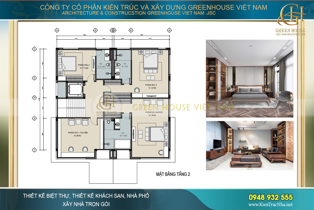 Mặt bằng công năng tầng 2 của biệt thự hiện đại 3 tầng tại Hà Nội