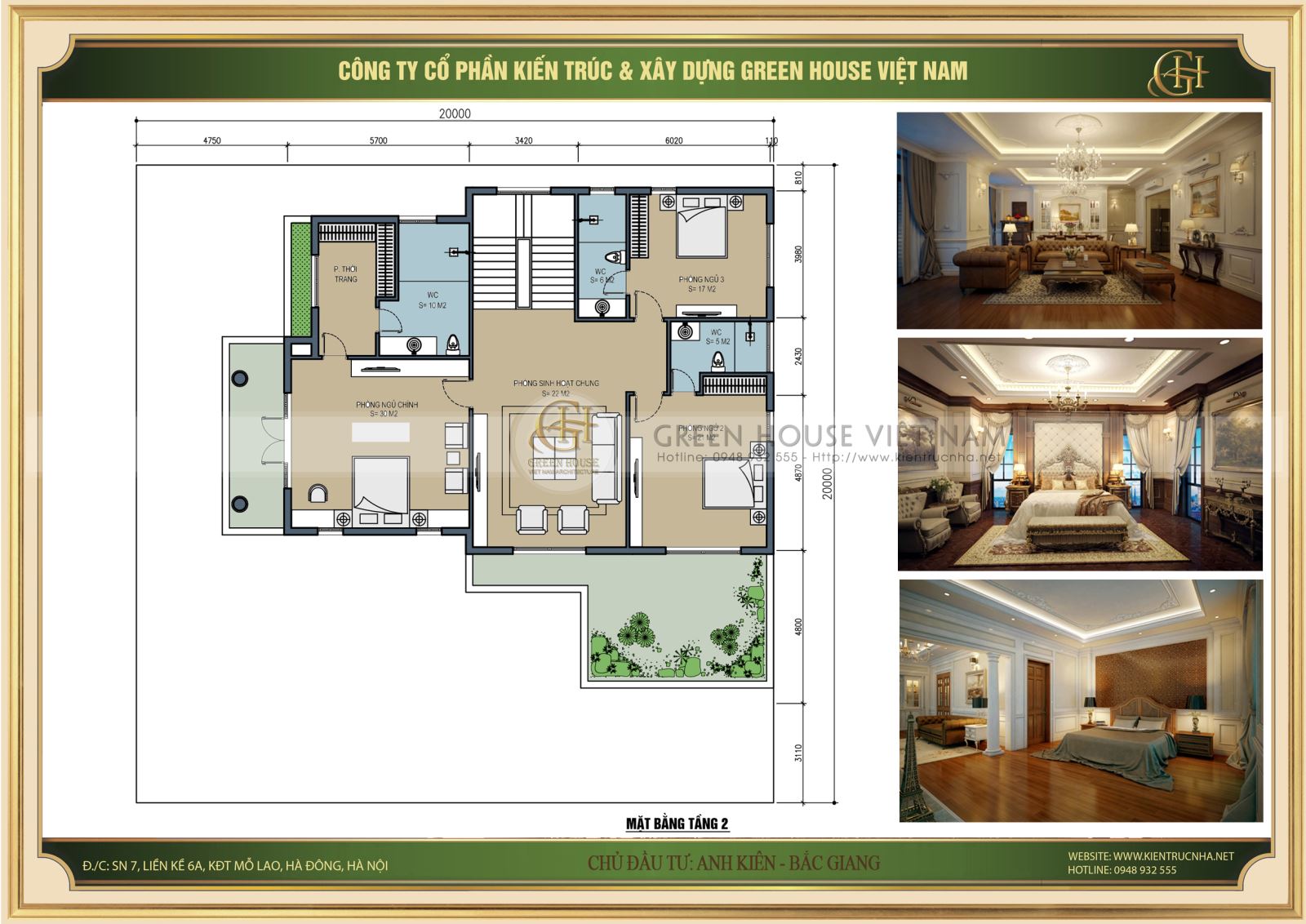 Thiết kế mặt bằng công năng tầng 2 của mẫu biệt thự 3 tầng 5 phòng ngủ