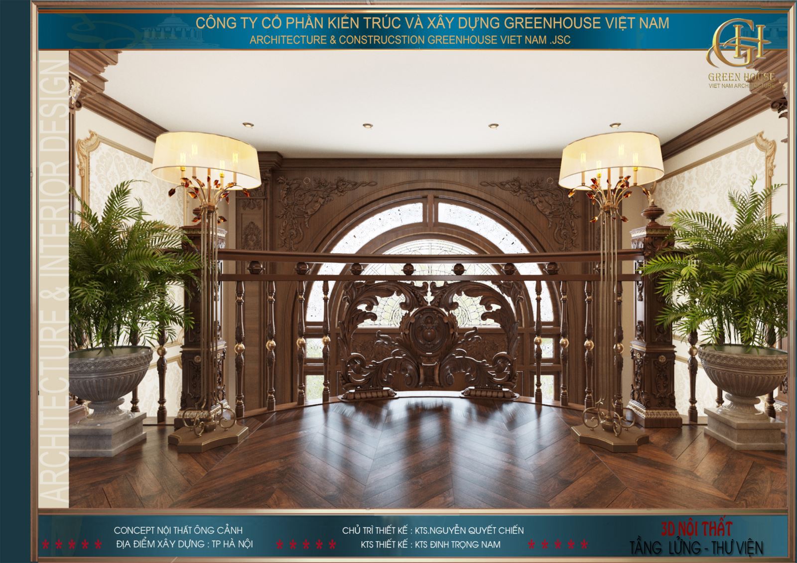 Hệ thống lan can bằng gỗ sang trọng tạo điểm nhấn cho tầng lửng