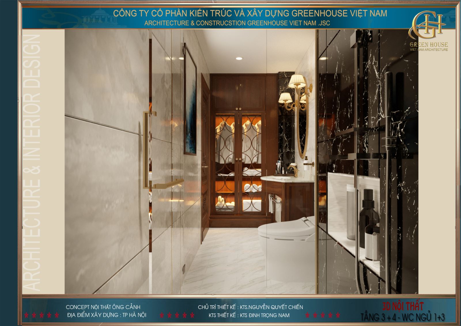 Phòng tắm của phòng ngủ tầng 3 sang trọng với tấm gạch lát màu đen