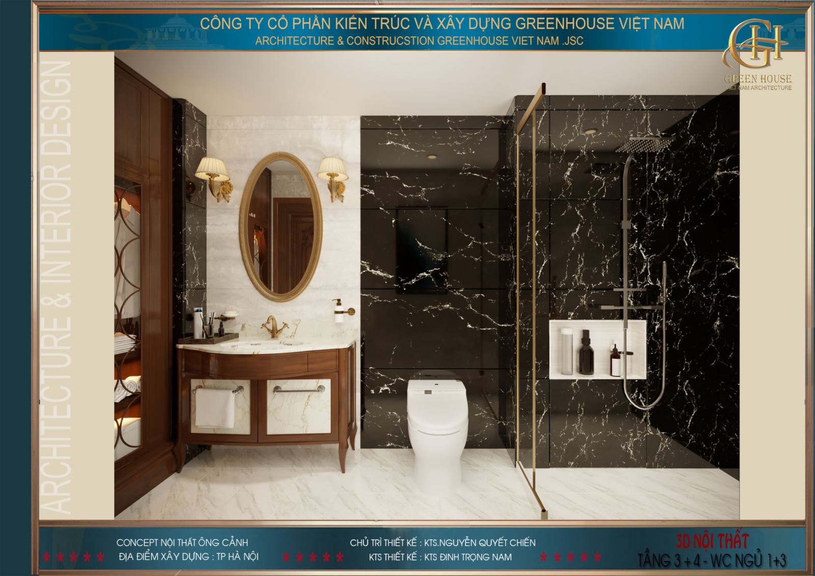 Phòng tắm của phòng ngủ tầng 3 với vách tắm kính hiện đại