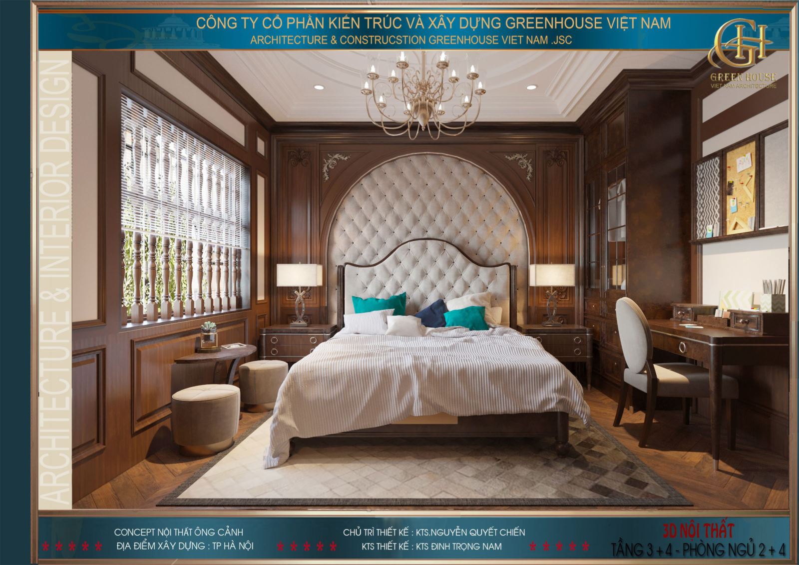 Phòng ngủ tầng 4 được thiết kế với giường ngủ đặt chính giữa