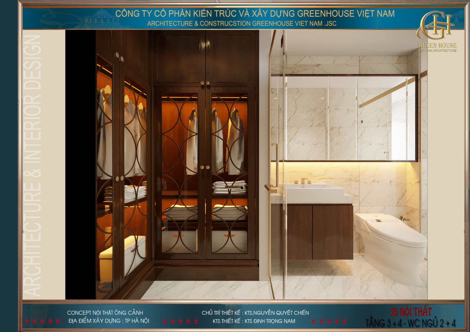 Tủ để đồ ngăn cách với phòng tắm bởi tấm kính hiện đại