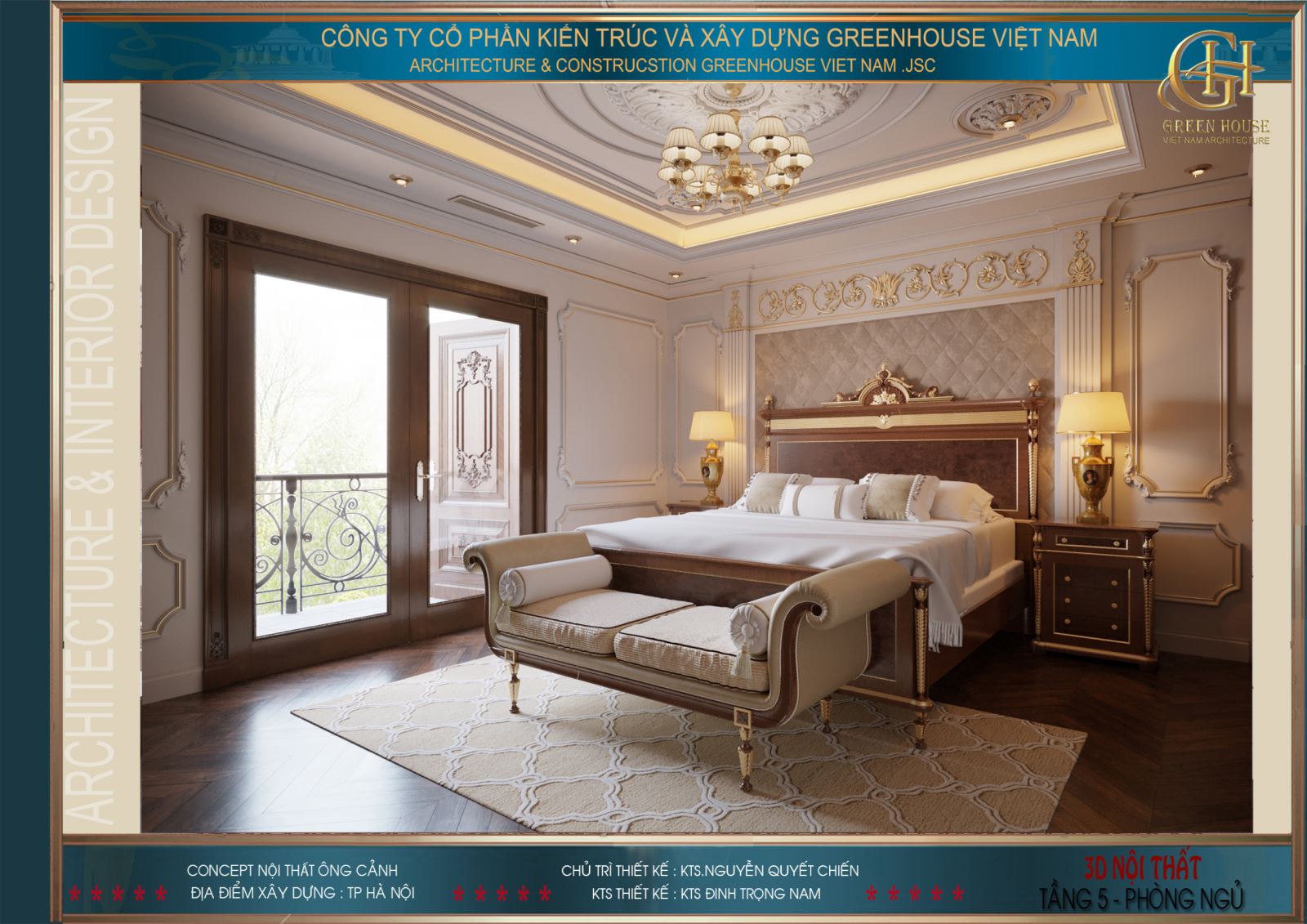 Phòng ngủ master của biệt thự tân cổ điển có hệ thống cửa lớn ra ban công