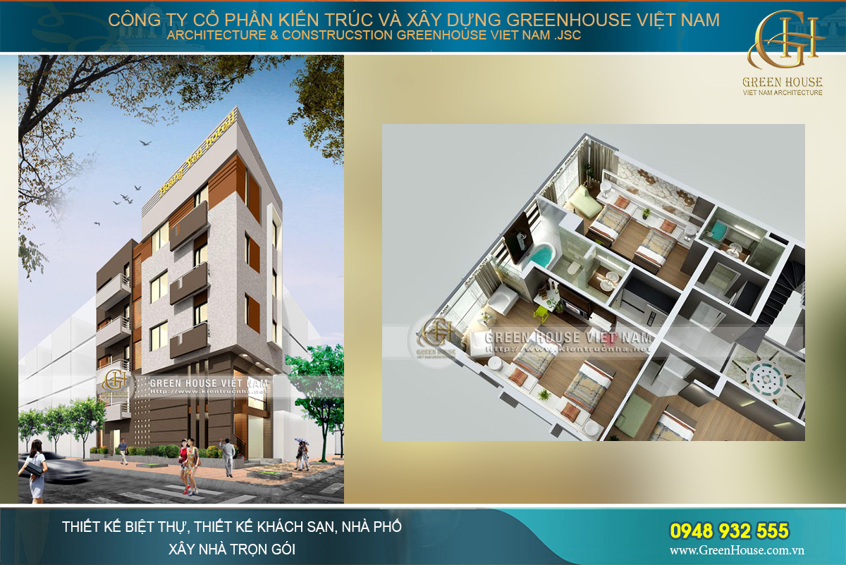 Thiết kế khách sạn 2 mặt tiền, tầng trệt được thiết kế trần cao và thông thoáng
