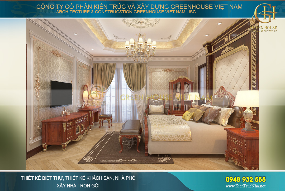 Những bức tường trong phòng ngủ đều được khảm hoa văn mạ vàng