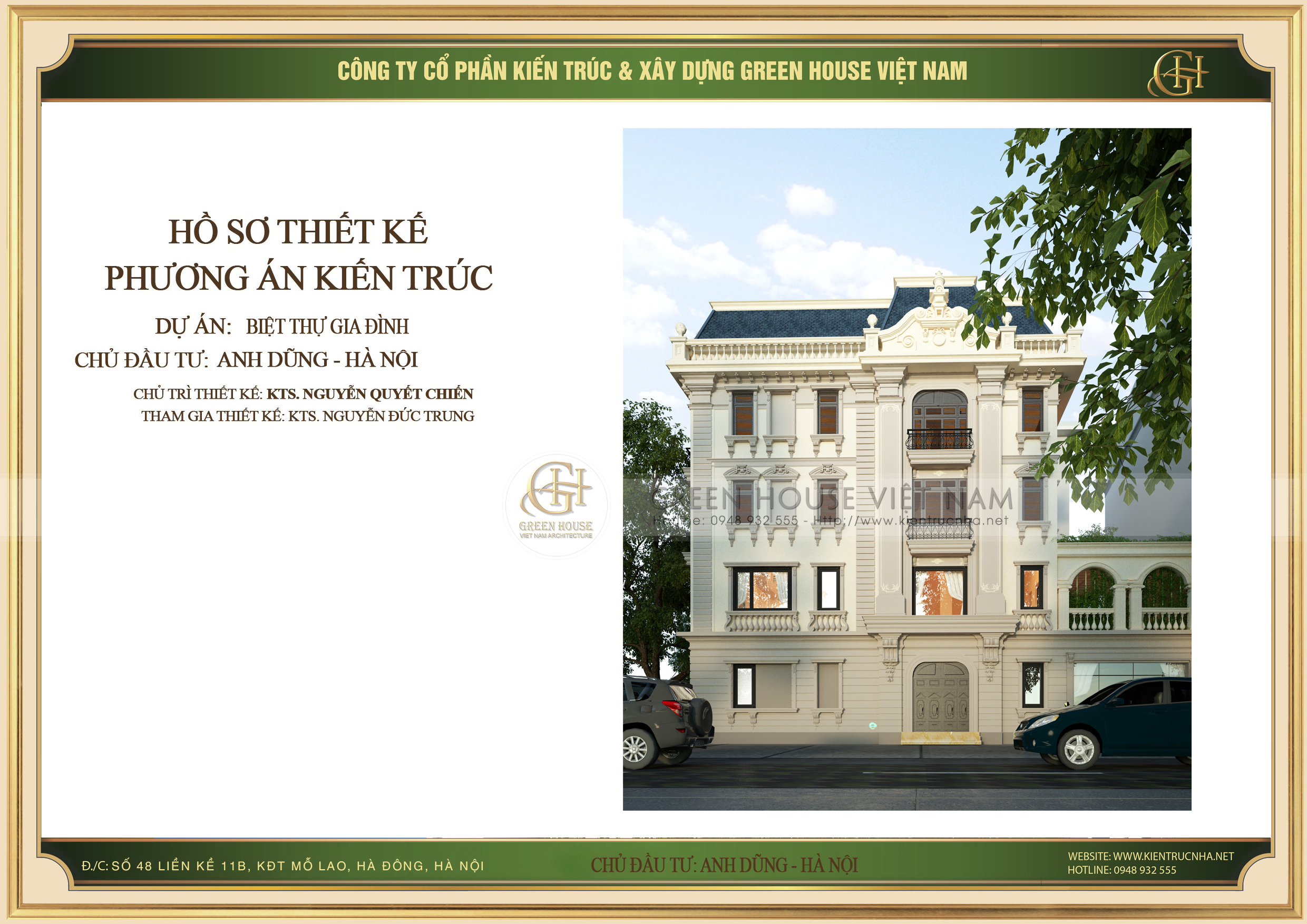 Thi công mẫu biệt thự gia đình 3 tầng phong cách tân cổ điển tại Hà Nội